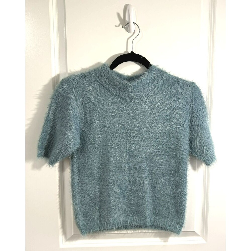 fab'rik Women's Sweater M short sleeve Blue Fur eyelash soft mock neck